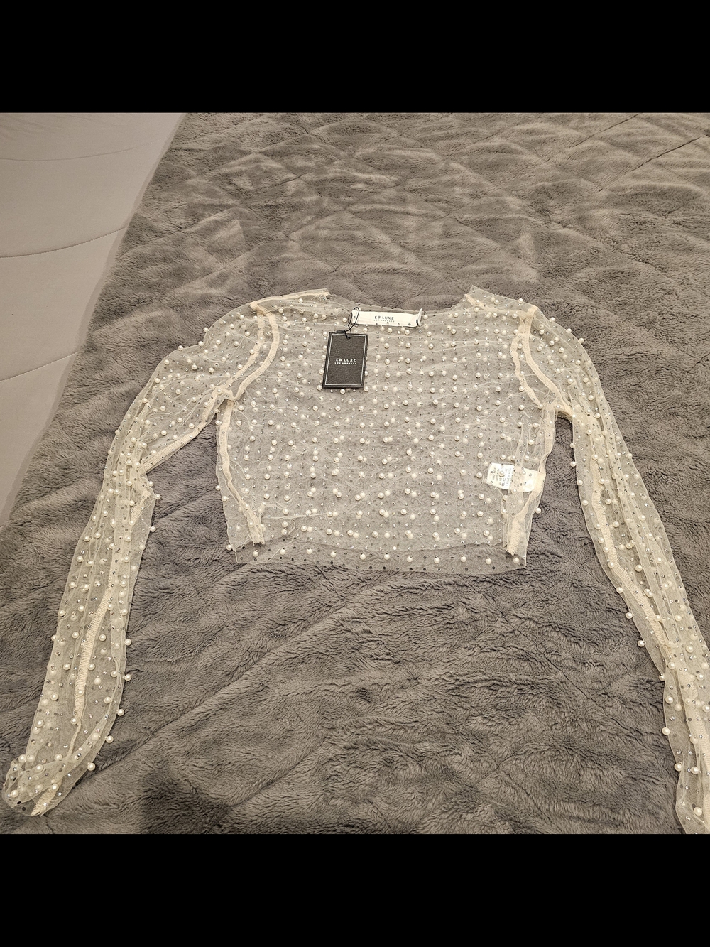 Luxe Pearl-Embellished Sheer Long-Sleeve Crop Top - Cream